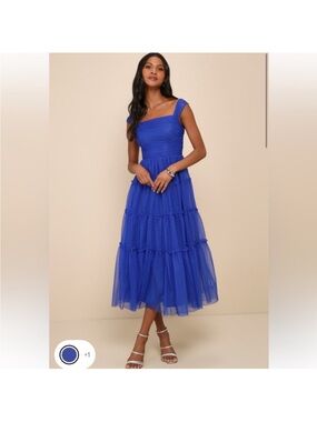 Blue Tiered Midi Dress with Square Neck